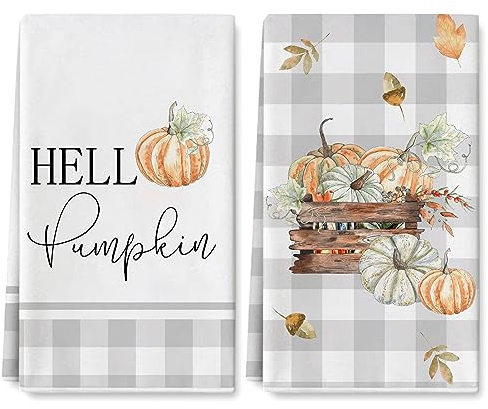 AnyDesign Fall Kitchen Dish Towel 18 x 28 Inch Hello Pumpkin Autumn Leaves Dishcloth Grey Buffalo Plaids Farmhouse Decorative Hand Drying Tea Towel for Thanksgiving Cooking Baking, 2Pcs