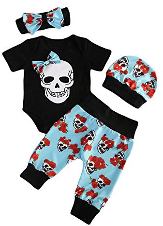 FeMereina Infant Newborn Baby Halloween Clothes 4pc Skull Print Romper+Pants+hat+Gloves Toddler Boy Girl Clothes Set (Black, 6-12 Months)