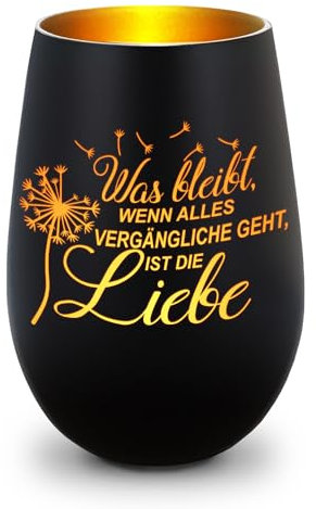 GRAVURZEILE Deko Windlicht aus Glas mit Gravur - was bleibt, wenn Alles Vergängliche geht - Trauerlicht für Teelichter und Kerzen - Grabschmuck zur Beerdigung oder als Andenken - Schwarz/Gold
