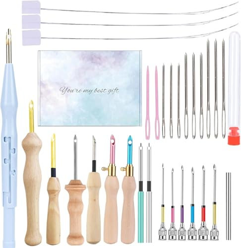 30 Stück Stickerei Starter Kit Punch Needle Kit Einstellbare Stanznadel Werkzeug Holzgriff Stickstift Stanznadel Tuch Stanznadel Set für Stickgarn Kreuzstich Anfänger