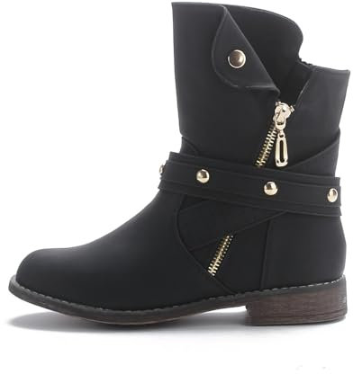 Queentina Damen Stiefeletten warm gefüttert Nieten Boots Biker Stiefel BH201 Schwarz 38