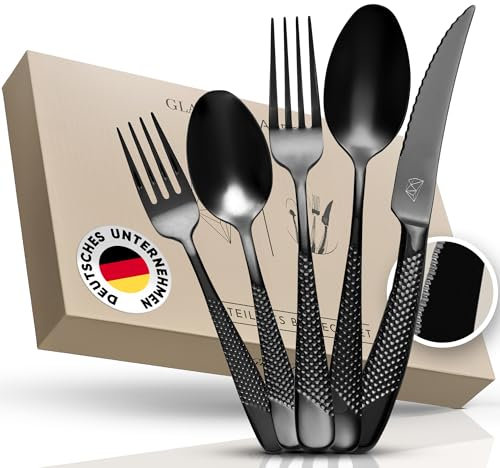 Glavory Aurora - Besteck Set Schwarz gestanzt - Besteck für 6 Personen 30teilig - rostfreier 18/8 Edelstahl - schwarzes Besteck spülmaschinenfest mit edler Verpackung - 2 in 1 Steakmesser