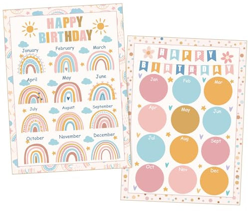JarThenaAMCS 2 Stück Happy Birthday Poster Chart Boho Regenbogen Geburtstag Kalender Poster Klassenzimmer Pinnwand Dekor für Vorschule Kindergarten Back to School Supplies