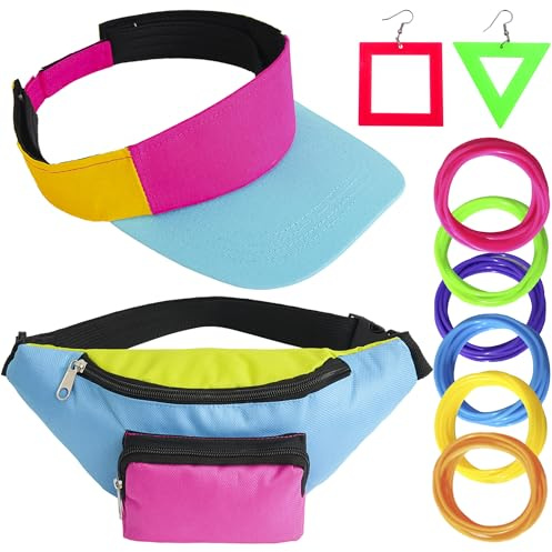 Peirich 80er 90er Jahre Outfit Set, Hip Hop Kostüm Set Enthält Gürteltasche, Armband, Sonnenschirmmütze, Ohrring, 80er Jahre Kleidung Kostüm Neon Accessoires Thema Party Karneval Damen Frauen