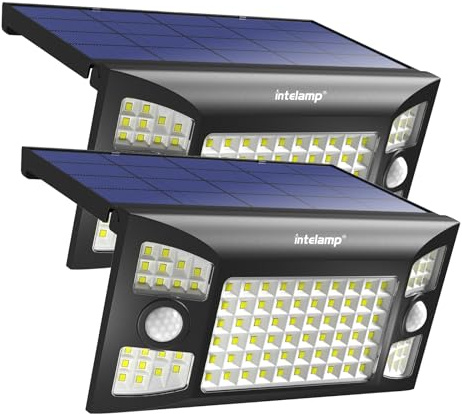 intelamp 2 Pack 4000mAh Solar Lights Outdoor Waterproof, 1300LM Solar Flood Lights Outdoor Motion Sensor Adjustable 3 Mode for Patio, Garage, Porch