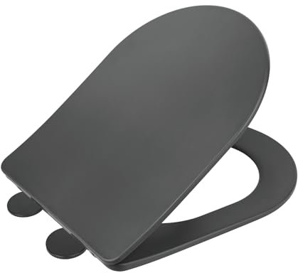 WENKO WC-Sitz Galati, flacher Toilettensitz in D-Form mit Absenkautomatik, aus Duroplast, Fix-Clip-Befestigung, Anthrazit matt