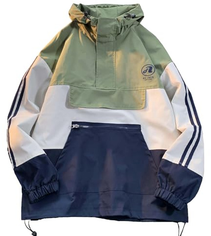 GURUNVANI Mens Color Blocked Anorak Jacket Half Zip Hooded Windbreaker Coat Unisex Outdoor Pullover Jacket, Green, Small
