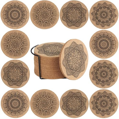 volumoon Untersetzern, 12 Stück Blumenmuster Korkuntersetzer mit Metall Halter, Natuerliche Kork Untersetzer Mit Rundem für Esstisch, Glasuntersetzer Holz für Zuhause, Restaurant, Büro (Braun)