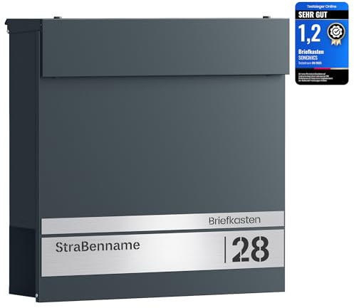 SONGMICS Briefkasten personalisiert, lasergraviertes Namensschild und Hausnummernschild, Postkasten, Softclose-Deckel, Zeitungsfach, Schloss, modern, 10,5 x 37 x 37 cm, anthrazit-silbern GMB090G01