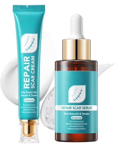 Scar Removal Set with Repair Scar Cream & Serum, Stretch Mark Removal Cream for Dark Marks, Scar Removal Serum for Body, Trauma Scars, Scald, Hyperpigmentation & All Types of Scars - 2Pcs
