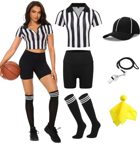 redgino 6 Pcs Women Referee Costume Set Crop Top Sexy Zipper Ref Shirt Shorts Hat Long Socks Whistle Referee Outfit for football Soccer Rugy Halloween Cosplay Party XXL