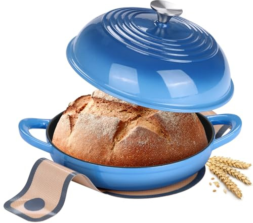 Leonyo Enameled Cast Iron Bread Oven, Dutch Oven for Sourdough Bread Baking, 6QT Round Pot with Lid, Thick Coated Cookware Set with Non Stick Silicone Baking Mat for Cooking, Blue