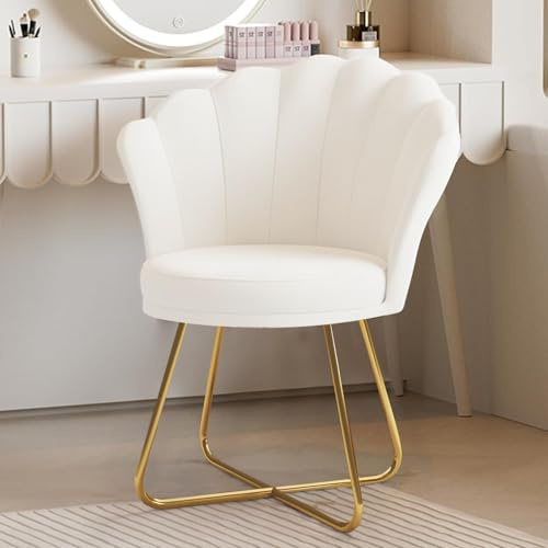 Hawthyhome Schminktisch-Stuhl aus Samt, goldenes Metallgestell, Weiß | Blütenblatt-Rückenlehne; gepolsterte Sitzfläche; goldfarbenes Metallgestell; Polsterstuhl für Schminktisch & Schlafzimmer