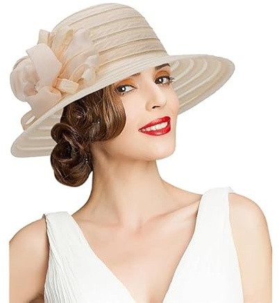 Damen-Derby-Hut aus Organza-Netzstoff – dünner, atmungsaktiver Sonnenschutz, Kentucky-Fascinator-Hut, elegante Teeparty-, Hochzeitshüte, Beige, Medium