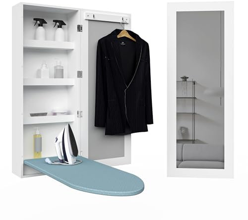 Armoire à repasser murale pliable avec rangement, planche à repasser intégrée avec porte miroir, blanc