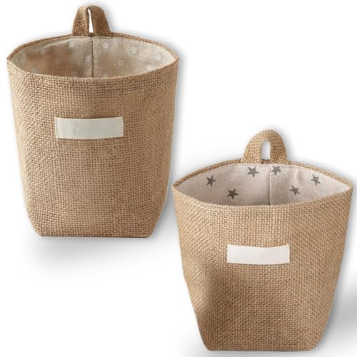 2 Stück Hängekorb Baumwolle Leinen, Hängekörbe Bad, Abnehmbar, Faltbar, Waschbar, Hängende Aufbewahrungstasche, für Wand, Tür, Organizer für Zimmer, Bad