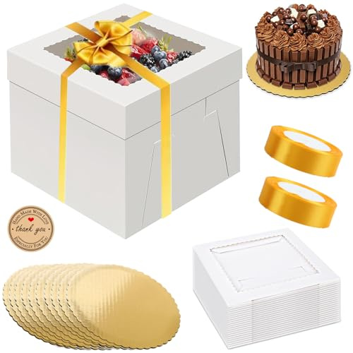 Tomuvpzn 10 Stücke Tortenbox, 25x25x20cm Kuchen Transportbox mit Sichtfenster,10 Sets tortenschachtel Tortentransportbox Kuchenrunde Bretter Plus 2 Band und 21 Aufkleber, tortenkarton für Cake Box