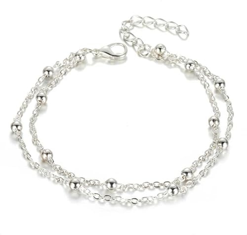 SDGBCXD, Sommer Gold Farbe Silber Farbe Perle Kette Fußkettchen for Frauen Vintage Fuß Knöchel Sandalen Strand Bein Schmuck Fußkettchen,Fußkettchen(Silver Plated)