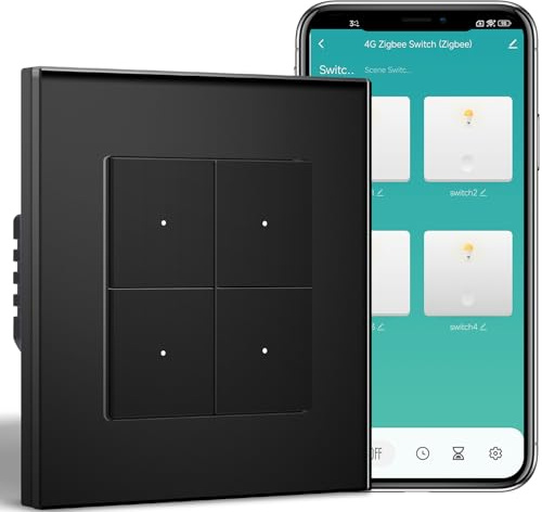BSEEDLIFE Zigbee Interruptor Inteligente Pared,4 Gang 1 Vía 86 * 86mm,Interruptor Zigbee Commutador de luz Compatible con Alexa y Google Home(Aplicación Tuya/Smart Life),Negro