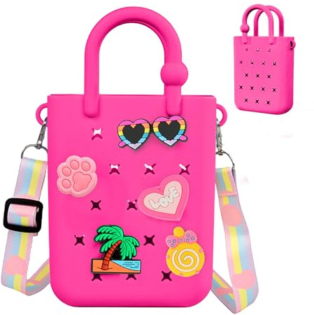 Mini gummi tygväska, EVA vattentät strandväska för små flickor och kvinnor, silikonhål liten strandväska för resor utomhus, Rosa (Hot Pink), Small