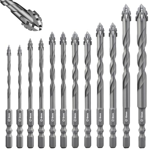 Flintronic 12 Piezas Brocas Porcelanico, Broca Ceramica Ø 3-12 mm, Taladro Excéntrico, Taladro de Vidrio con Vástago Hexagonal, para Madera Plástico Albañilería Baldosa Cerámica Vidrio Hormigón