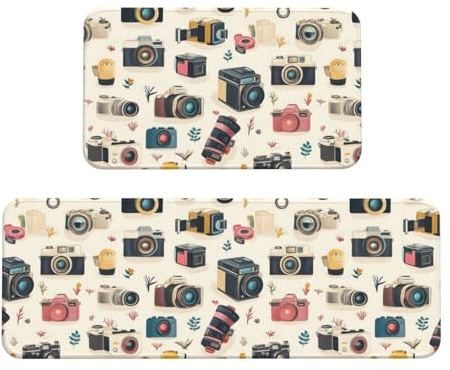 GVYGVY - Juego de 2 alfombrillas de cocina antifatiga para el suelo, diseño de cámara retro, lavable y antideslizante, para oficina, baño, lavandería, decoración del hogar y accesorios