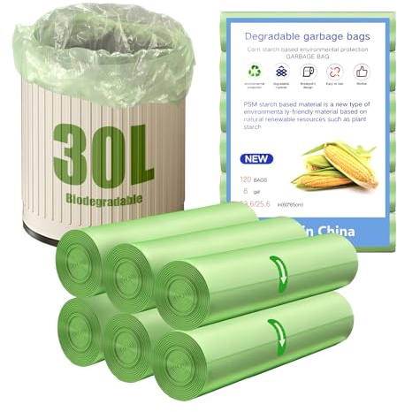 YOMKILU 120 Pezzi Sacchetti Umido Biodegradabili 30L, 6 Rollen 60x65cm Sacchetti Spazzatura, 8 Gal Buste Immondizia per Cucina, Ufficio, Soggiorno, Bagno, Verde