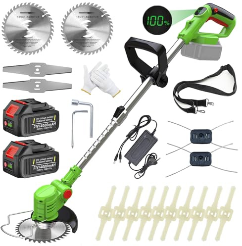 Fiutazge Desbrozadora Batería, Desbrozadora Eléctrica con 2 x 4000 mAh, Cortabordes Bateria con 4 Tipos de Cuchillas, Telescópica, Rotación 90° para Recortar Césped y Arbustos