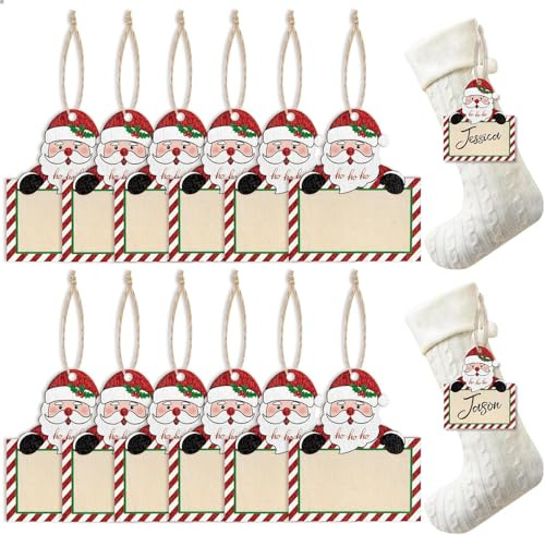 12 STK Geschenkanhänger Weihnachten Etiketten Zum Beschriften Holz Weihnachtsstrumpf Tags Anhängeschilder Weihnachtsmann Personalisierte Anhänger Ornament mit Schnur für Weihnachtsbaum Dekoration DIY