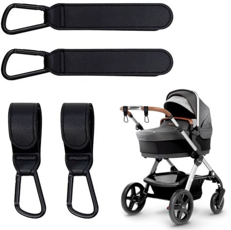 4PCS Pram Clips with Anti-Slip Design, Non-Slip PU Leather Pram Hook, Adjustable Black Pram Hooks for Bags, Velcro Pram Clips for Buggy, for Diaper Bag, Pushchair, Shopping Grocery & Backpack