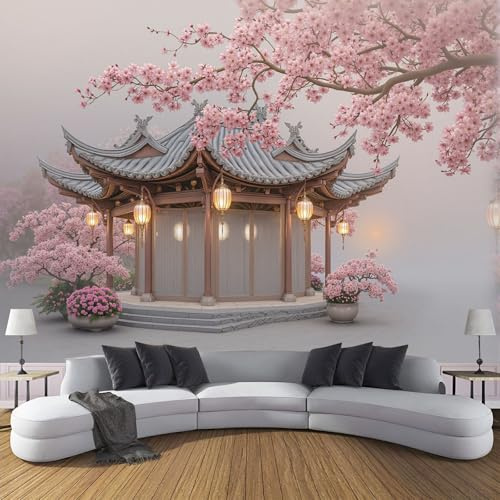 Padiglione Dei Fiori Di Ciliegio Carta Da Parati Murale, Carta Da Parati Panoramica in Seta 3D Architettura Tradizionale Cinese, Rosa Poster Murale per Soggiorno Camera Da Letto 150x105cm