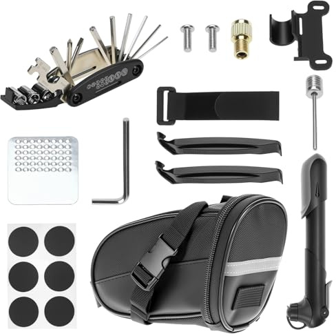 QWORK® Fahrrad Reparaturset mit Satteltasche, Mini-Pumpe, 15-in-1 Multitool und Flickzeug