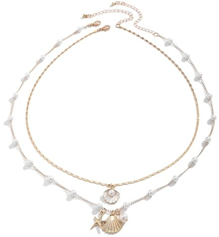 Cuixia Shell Necklace, starfish layered jewellery necklacesets for women, Ocean Style Alloy Metal Beach Necklace, Summer Imitation Pearl Beach Surfer Vacation Chain Necklaces Jewelry