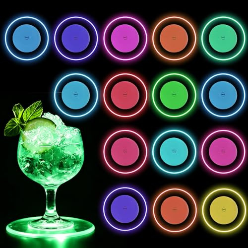 LYPPUL 15 Stück Bunt LED Untersetzer, Leuchtende Untersetzer Acryl mit 7 Lichtmodi, Acryl Rund wasserdichte Leuchtuntersetze für untersetzer Gläser Partys Getränke Flaschen Bar und Hochzeiten