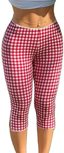 SANSIWU Women Gingham Capri Trousers Skinny Fit Lace Cuffs Plaid Skinny Cropped Short Pants Summer Capris Leggings