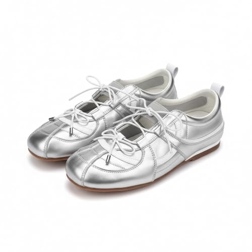 Women's Y2K Retro Sporty Ballet Flats, Boxing Inspired Quilted Lace Up Shoes, Metallic PU Leather Thin Sole Sneakers for Streetwear Walking (Sliver,7.5)