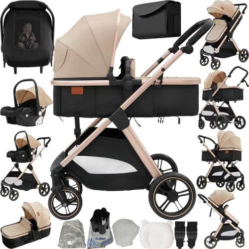 Reenborn Barnvagn 3-i-1, buggy med ett klick vikdesign, barnvagn med två vändbara skjutlägen, kombibarnvagn 3-i-1 komplett set med ram aluminiumlegering (V10 beige)