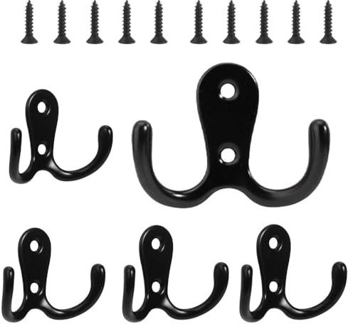 mmoonni Lot de 5 crochets muraux doubles en métal noir vintage avec 10 vis pour manteau, salle de bain, cuisine (noir)