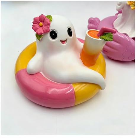 Figura de fantasma de Halloween de verano 2026, lindas estatuas de fiesta de fantasmas de Halloween, adornos de resina de fantasmas de piscina kawaii, estatuas de resina de playa tropical con flotador