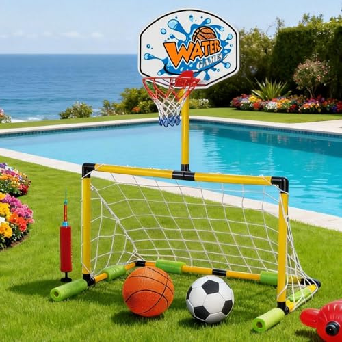 Genérico Canasta Flotante De Baloncesto Y Fútbol para Piscinas – Canasta De Baloncesto Portería De Waterpolo, Incluye 2 Pelotas Bomba, Diversión En Familia, Apto para Adultos Y Niños De 4+ Años