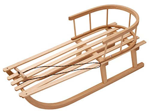 Best For Kids | Holzschlitten für Kinder mit Rückenlehne┃Kinderschlitten aus Holz mit Zugseil & Gurt┃Stabiler Holzschlitten für Kinder & Erwachsene┃Schneeschlitten mit Metallkufen & Lehne