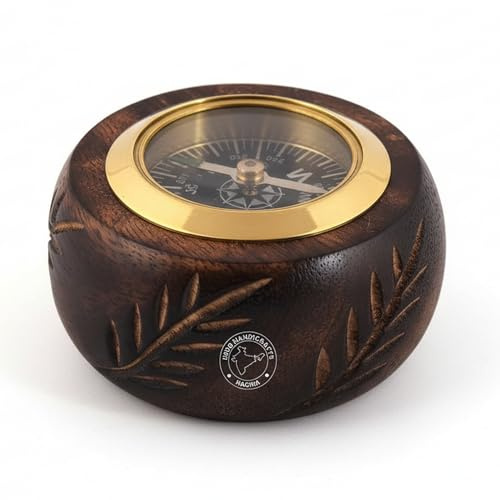 Handgefertigter Kompass aus Holz mit Messingring – Vintage-Arbeitskompass für Schreibtisch, Zuhause und Büro | Antikes nautisches Navigationsgeschenk | Handgefertigter Briefbeschwerer & Sammlerstück