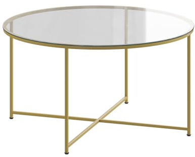 Flash Furniture Greenwich Collection Moderner Couchtisch aus Glas mit überkreuztem Rahmen, Metall, transparent/gebürstetes Gold, 1 Stück