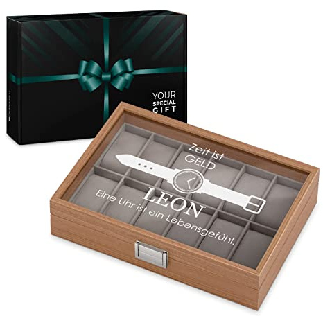 Maverton Uhrenbox mit Gravur für 12 Uhren - Uhrenkoffer Aufbewahrungsbox mit Deckel - Uhrenkoffer zum Geburtstag für Männer - Farbe: Braun - Zeit ist Geld