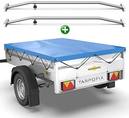 Tarpofix® Anhänger Plane 211x116 cm + 2X Planenbügel | Anhängerplane Flachplane aus PVC PLANENMATERIAL | Verstärkte Humbaur Anhänger Plane für 750kg PKW Hänger | Abdeckplane + Flachplanenbügel | Blau