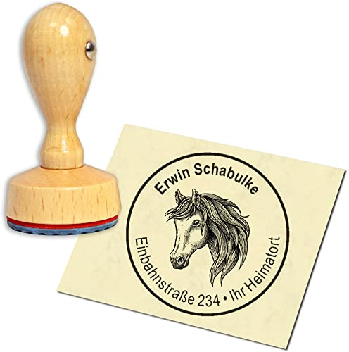 Stempel Adressstempel Holzstempel - Andalusier Pferd - rund ∅ 40mm personalisiert als Firmenstempel Namensstempel Bürostempel
