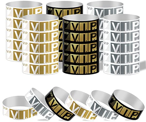KINBOM 600 st Fest Armband för Evenemang, 0,75 x 10 tum Pappersarmband Vattentäta VIP-Armband för Konserter Parker Festivaler (Guld, Silver, Svart Guld)