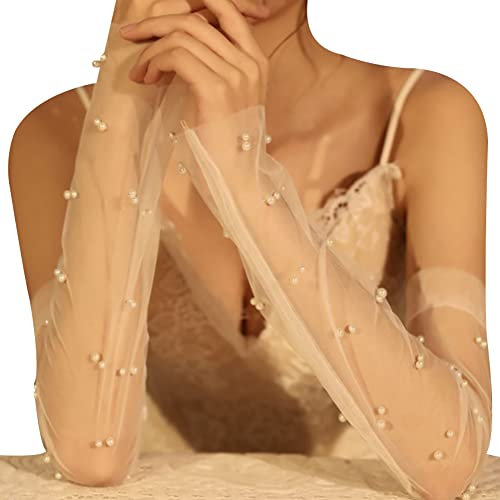 Asudaro Lange Fingerlose Spitze Handschuhe, 1Paar Damen Hochzeitshandschuh aus Tüll mit Perlen Party Prom Abend Handschuhe Transparente Tüllhandschuhe für Hochzeitsfeier, Abend oder Oper,Weiß