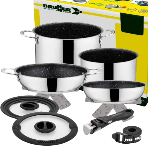 BRUNNER Camping Topf-Set Edelstahl ø 22 cm ACADEMY HIGH NG 7+1 tlg Antihaft | Platzsparend stapelbare Töpfe und Pfannen, Elektro, Gaskocher, Induktion & Keramikkochfeld - Für 4-6 Personen, Vakublock