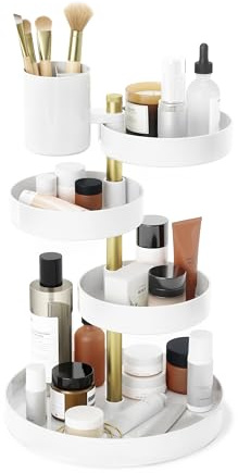Umbra Pirouette Kosmetik Organizer, drehbar, 5 Fächer, Weiss/Messing | Höhenverstellbare Ebenen, 360 Grad Rotation, für Waschtisch und Schminktisch, leicht zu reinigen, Acryl